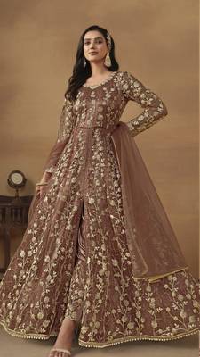 Brown net heavy embroidery semi stitched wedding gowns 1