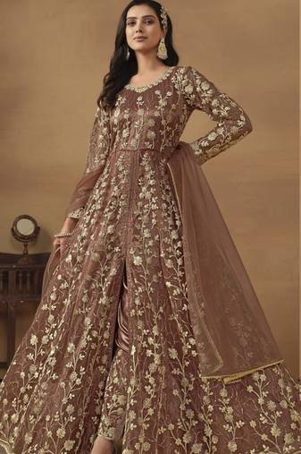 Brown net heavy embroidery semi stitched wedding gowns