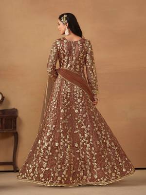 Brown net heavy embroidery semi stitched wedding gowns 2