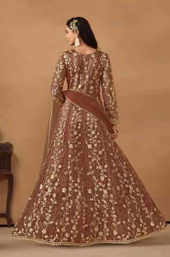 Brown net heavy embroidery semi stitched wedding gowns