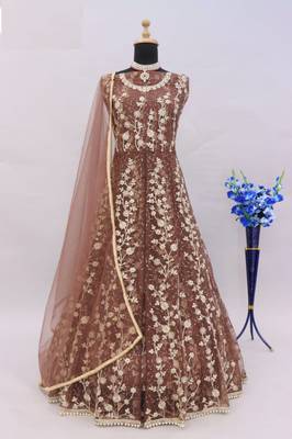 Brown net heavy embroidery semi stitched wedding gowns 3