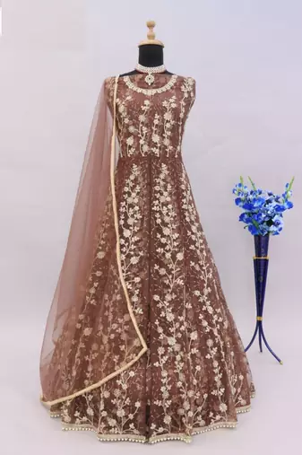 Brown net heavy embroidery semi stitched wedding gowns