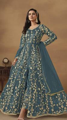 Teal net heavy embroidery semi stitched wedding gowns 1
