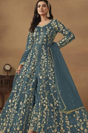 Teal net heavy embroidery semi stitched wedding gowns