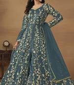 Teal net heavy embroidery semi stitched wedding gowns