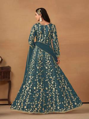 Teal net heavy embroidery semi stitched wedding gowns 2