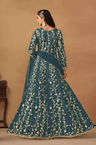 Teal net heavy embroidery semi stitched wedding gowns