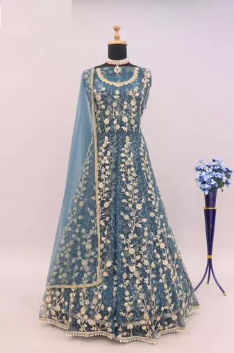 Teal net heavy embroidery semi stitched wedding gowns