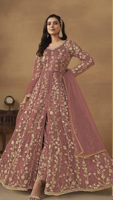 Pink net heavy embroidery semi stitched wedding gowns 1