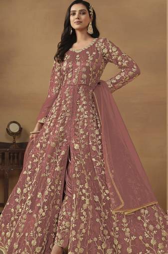 Pink net heavy embroidery semi stitched wedding gowns