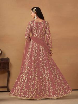 Pink net heavy embroidery semi stitched wedding gowns 2