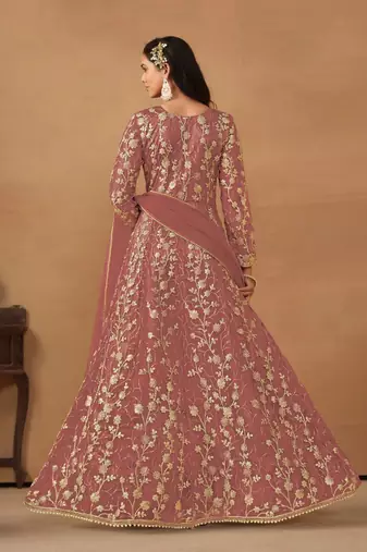 Pink net heavy embroidery semi stitched wedding gowns