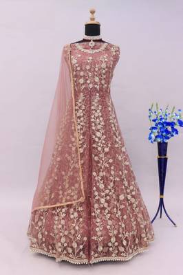 Pink net heavy embroidery semi stitched wedding gowns 3