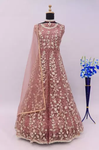 Pink net heavy embroidery semi stitched wedding gowns