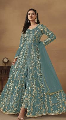 Light blue net heavy embroidery semi stitched wedding gowns 1