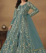 Light blue net heavy embroidery semi stitched wedding gowns