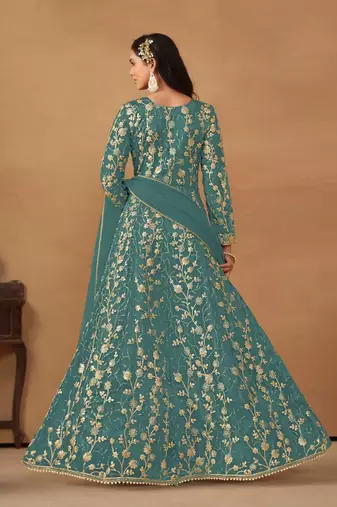 Light blue net heavy embroidery semi stitched wedding gowns