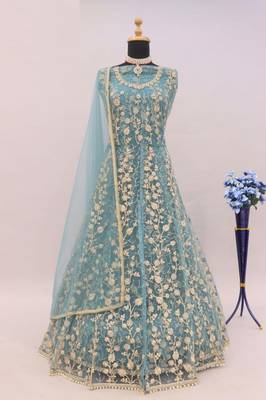 Light blue net heavy embroidery semi stitched wedding gowns 3