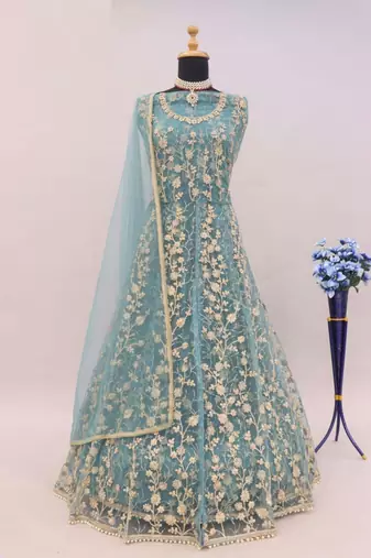 Light blue net heavy embroidery semi stitched wedding gowns