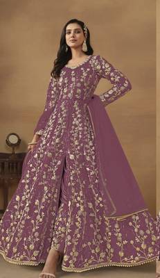 Lavender net heavy embroidery semi stitched wedding gowns 1