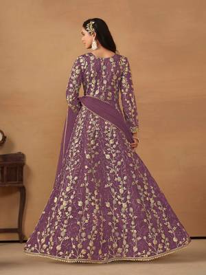 Lavender net heavy embroidery semi stitched wedding gowns 2