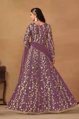 Lavender net heavy embroidery semi stitched wedding gowns