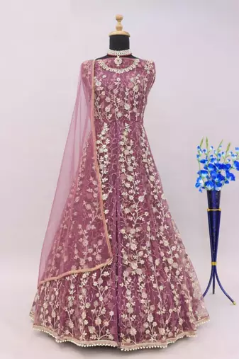 Lavender net heavy embroidery semi stitched wedding gowns