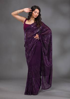 Georgette Sequence Embroidery Work Saree with Unstitch Blouse Piece 1