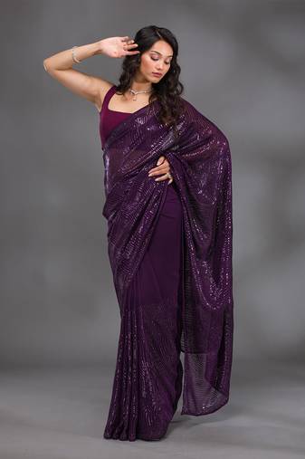 Georgette Sequence Embroidery Work Saree with Unstitch Blouse Piece