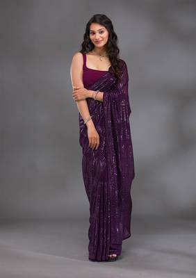 Georgette Sequence Embroidery Work Saree with Unstitch Blouse Piece 3