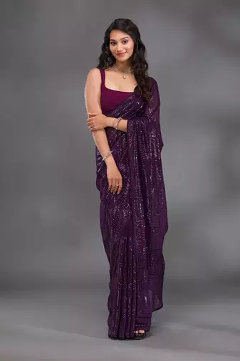 Trendmalls Georgette Sequence Embroidery Work Saree with Unstitch Blouse Piece
