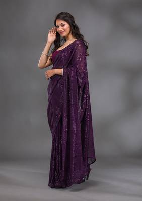Georgette Sequence Embroidery Work Saree with Unstitch Blouse Piece 4