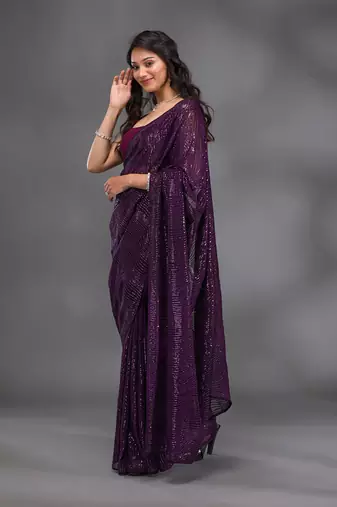 Trendmalls Georgette Sequence Embroidery Work Saree with Unstitch Blouse Piece