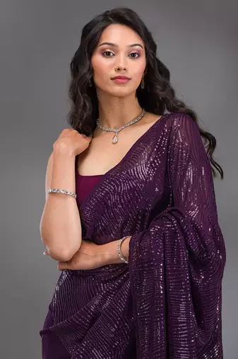 Trendmalls Georgette Sequence Embroidery Work Saree with Unstitch Blouse Piece