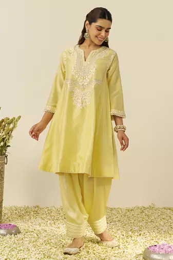 Lemon yellow aiza - short chauga with salwar and dupatta