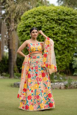women's multicolored georgette thread and sequins embroidred work lehenga choli for bride 1