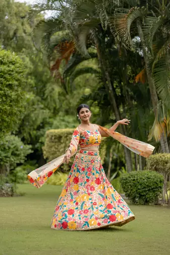 women's multicolored georgette thread and sequins embroidred work lehenga choli for bride