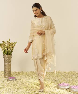 Beige zahra - short kurta with dhoti and dupatta 1