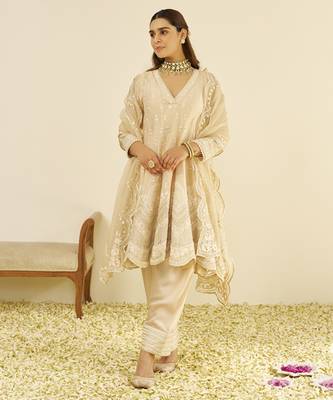 Beige meeram - short anarkali with salwar and dupatta 1