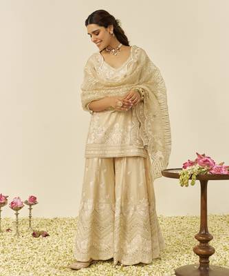 Beige sameeha - short kurta with sharara and dupatta 1