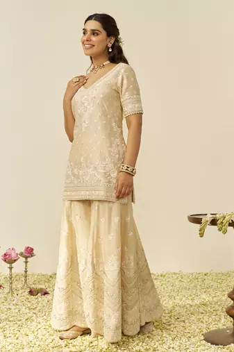 Beige sameeha - short kurta with sharara and dupatta