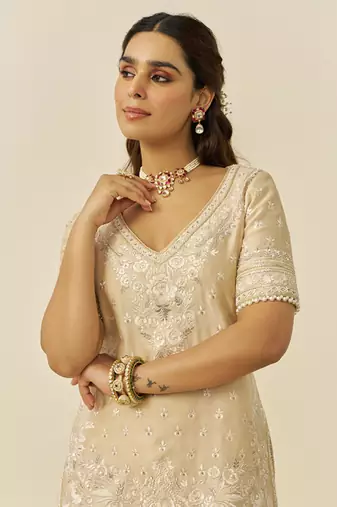 Beige sameeha - short kurta with sharara and dupatta