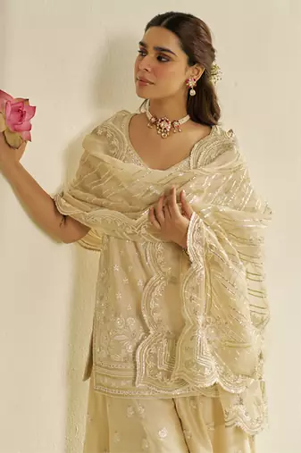 Beige sameeha - short kurta with sharara and dupatta