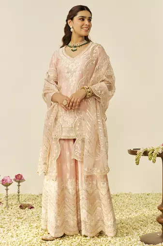 Off rose sameeha - short kurta with sharara and dupatta