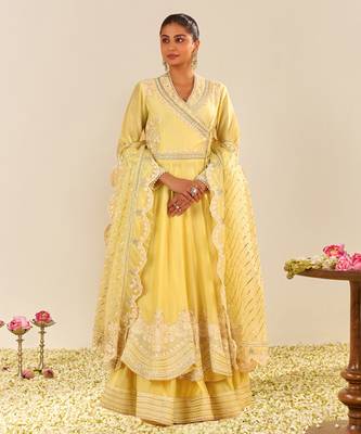 Lemon yellow ameena - long anarkali with skirt and dupatta 1