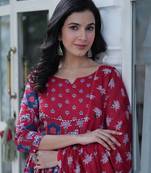 Maroon Color Cotton Kurti With Pant & Dupatta Set