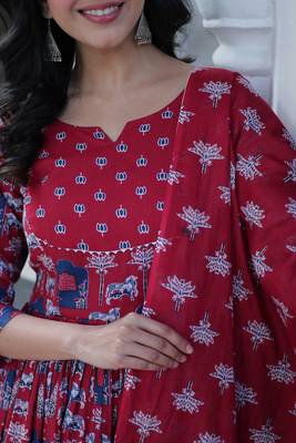 Maroon Color Cotton Kurti With Pant & Dupatta Set 5