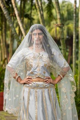 Glamorous women's grey zari with paper mirror embroidered net fabric lehenga choli 2