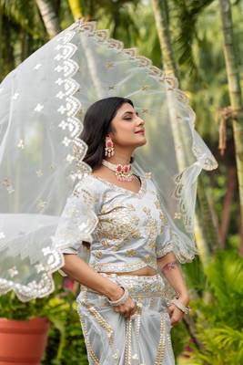 Glamorous women's grey zari with paper mirror embroidered net fabric lehenga choli 4