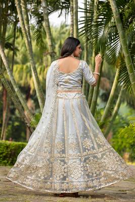 Glamorous women's grey zari with paper mirror embroidered net fabric lehenga choli 5
